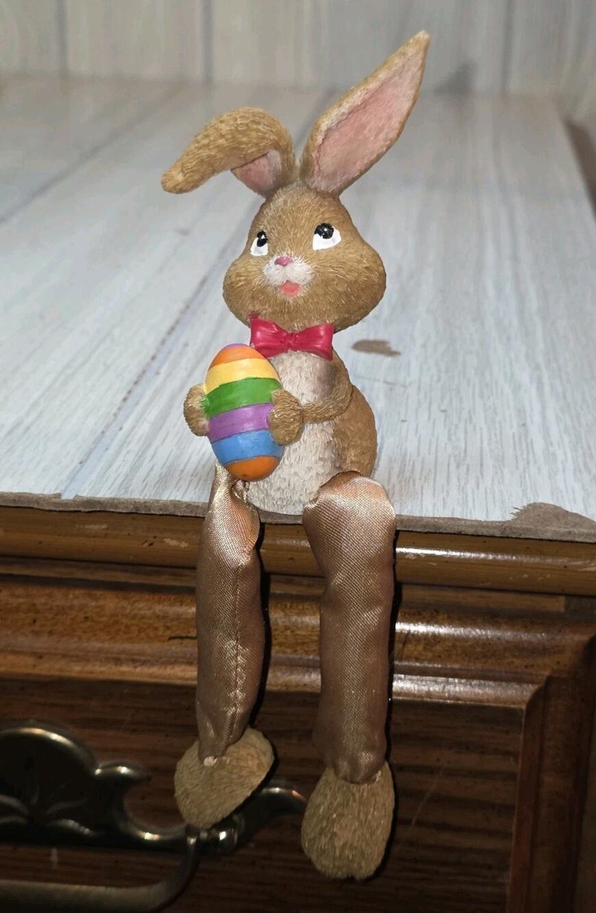 Vintage Wood Look Dangle Leg Easter Bunny Shelf Sitter With Rainbow Egg Cute